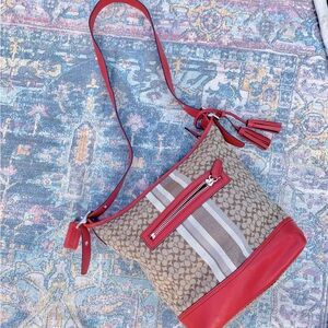 COACH Legacy Signature Stripe Shoulder Bag Purse Orange Tan Monogram Logo